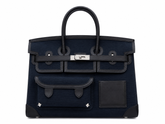 Birkin Cargo 35 in Bleu Nuit Toile Goéland and Noir Swift Leather (Palladium Hardware)