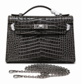 Kelly Pochette Gris Elephant Shiny Niloticus Crocodile Leather Palladium Hardware & Palladium Hardware Women Clutch Bag