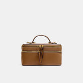Warm Caramel Dual-Compartment Rectangular Vanity Carry Casket With Contrast Stitch Detailing, Curved Top Gripping Loop And Double Metallic Zip Track Closure Train Case