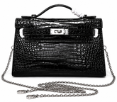 Kelly Pochette Noir Shiny Niloticus Crocodile Leather Palladium Hardware & Palladium Hardware Women Clutch Bag