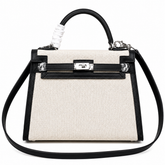 Top Selling Kelly 25 Bag With Outside Stitching, Made Of Textured Canvas & Soft Swift Leather Patchwork, Classic Black Silver Hardware Combination, Stunning Mixed Material Texture Dimensions: Length 25 * Width 10 * Height 18cm