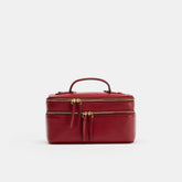 Deep Crimson Double-Compartment Carry Casket Contrast Stitch Detailing, Curved Top Loop And Dual Golden Zip Track Closure Train Case