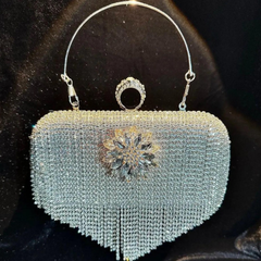 Silvery Crystal Encrusted Framed Evening Pouch with Cascading Shimmer Strands and Dual Carry Metal Fixtures