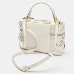 Soft Off-White Dimensional Floral Appliqué Rectangular Vanity Carry Casket With Curved Top Gripping Loop And Dual Metallic Zip Pull Closure Train Case