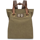 Olive/Washed Blue Dual-Mode Rectangular Canvas Carry Vessel with Antiqued Metallic Grommet Twist Lock and Convertible Hand & Back Carry Fixtures Backpack