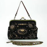Deep Black Celestial Motif Framed Kiss Lock Carry Pouch Vintage Metallic Trim Dual Carry Hardware Options