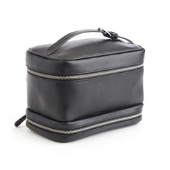 Deep Black Segmented Layered Rectangular Grooming Storage Casket With Top Looping Grip Fixture And Full-Width Metallic Zipper Divisions Train Case