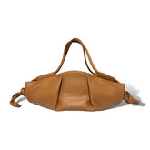Warm Tan Gathered End Elongated Mini Carry Sack Curved Handbag Loops and Separate Torso Rest Band Fixtures