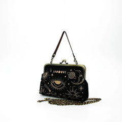 Deep Black Celestial Motif Framed Kiss Lock Carry Pouch Vintage Metallic Trim Dual Carry Hardware Options