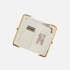 Pale Cream Vertical Studded Elongated Frame Handheld Storage Pouch with Multi-Split Organized Inner Compartment Layout