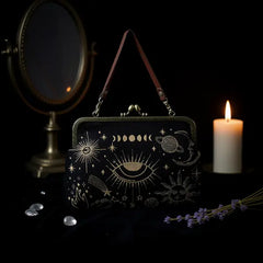 Deep Black Celestial Motif Framed Kiss Lock Carry Pouch Vintage Metallic Trim Dual Carry Hardware Options