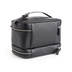 Deep Black Segmented Layered Rectangular Grooming Storage Casket With Top Looping Grip Fixture And Full-Width Metallic Zipper Divisions Train Case