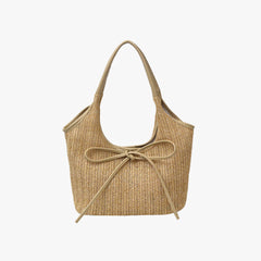 Multi-Tone Woven Shoulder Tote with Front Knotted Ribbon Embellishment and Curved Cutout Upper Profile Handbag