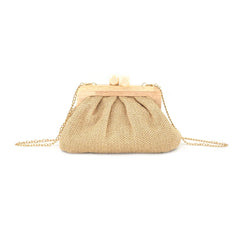 Warm Neutral Textured Weave Gathered Frame Accent Pouch with Natural Tone Bar Frame and Light Metallic Linked Strand