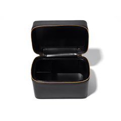 Jet Black And Pale Cream Beige Rigid Rectangular Vanity Storage Casket With Chunky Golden Linked Loop Handle And Full Perimeter Metallic Zipper Closure