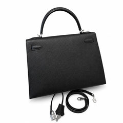 kelly32cm, ck89/Black, Epsom, sliver, all handmade‼ ️Kelly 32cm, black, palm print, silver buckle, high-end handmade exclusive customization‼ ️Purely hand-made nails, hand-engraved hardware, fine stee