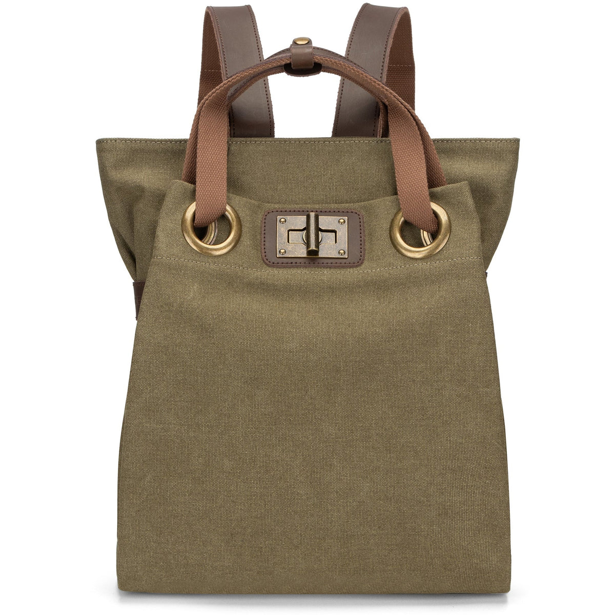 Olive/Washed Blue Dual-Mode Rectangular Canvas Carry Vessel with Antiqued Metallic Grommet Twist Lock and Convertible Hand & Back Carry Fixtures Backpack