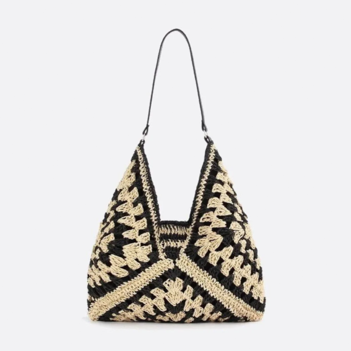 Cream And Dark Geometric Open-Weave Sloped Shoulder Tote with Solid Warm Lined Interior and Single Smooth Carry Band Handbag