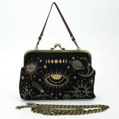 Deep Black Celestial Motif Framed Kiss Lock Carry Pouch Vintage Metallic Trim Dual Carry Hardware Options