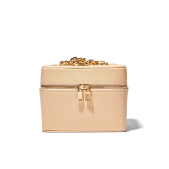 Jet Black And Pale Cream Beige Rigid Rectangular Vanity Storage Casket With Chunky Golden Linked Loop Handle And Full Perimeter Metallic Zipper Closure