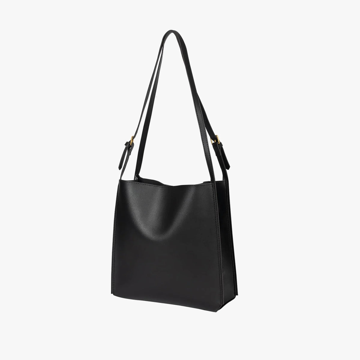 Solid Deep Black Minimalist Vertical Rectangular Shoulder Carry Tote with Warm Metallic Band Fixtures and Wide Open Top Storage Cavity Handbag